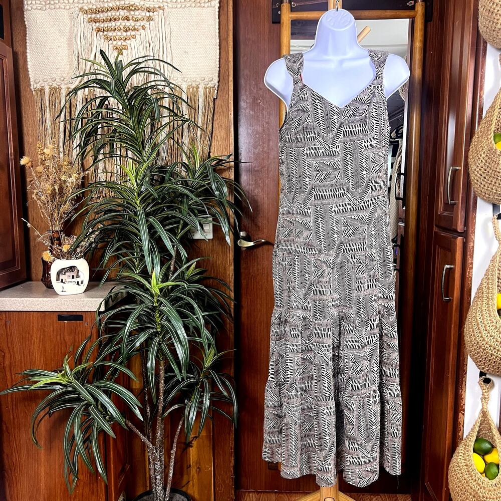 Vintage 90s Coldwater Creek Midi Dress 8 USA Made Brown Geo Print Fit Flare Boho